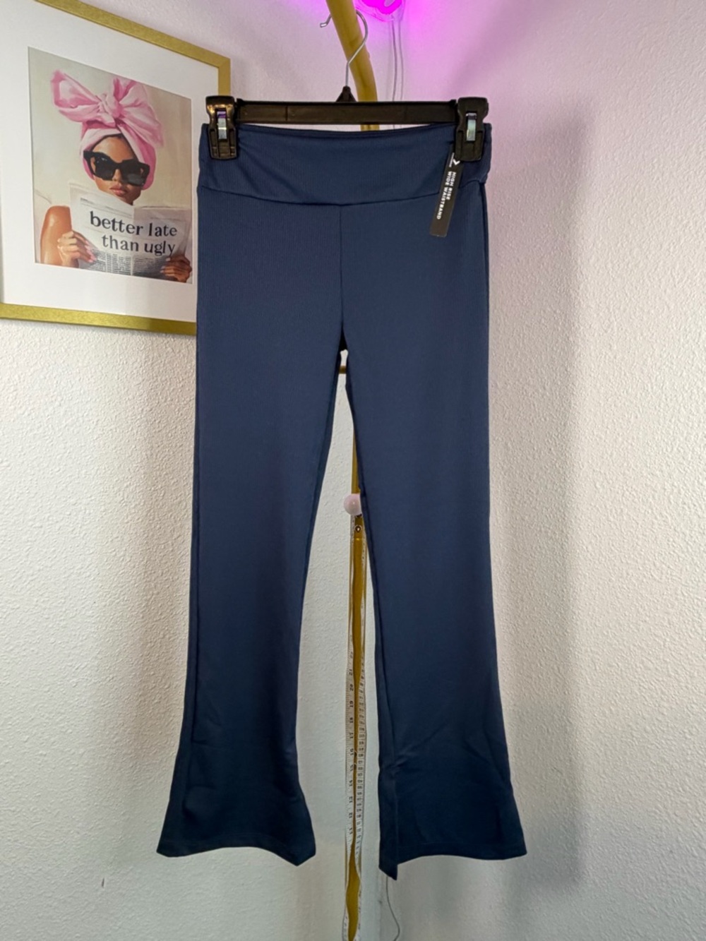 Girls Converse Ribbed Navy Blue High-Rise Wide Waistband Flare Leggings NWT